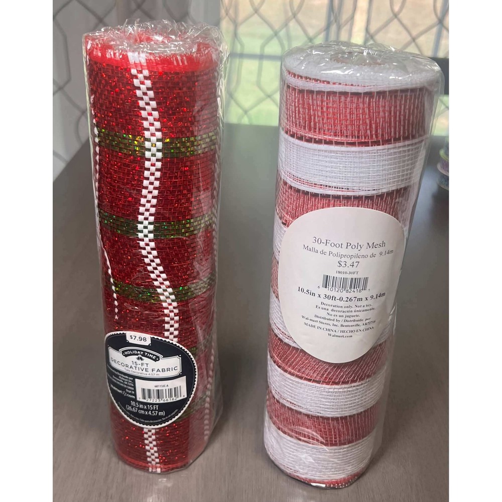 Holiday Time Poly Mesh Decorative Fabric Red White Green 10.5in 2 Rolls 45ft